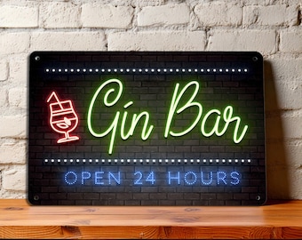 Gin-skylt | Tryckt metallskylt | Väggkonst med neontryck | Tillbehör för cocktailbarer
