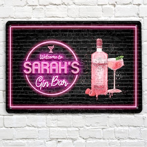 Personalised Pink GIN Bar Sign - Black Printed Metal Sign A4 Home bar beer Sign