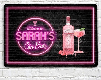 Personalized Pink Gin Bar Sign: Neon Effect Metal Print