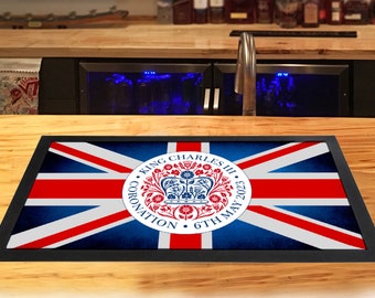 King Charles III Coronation Bar Runner, Royal Souvenir memorabilia british crown emblem Union Jack flag Home party Bar mat