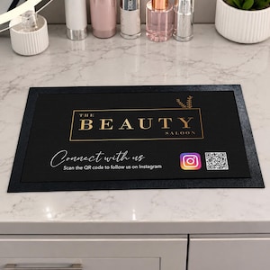 Personalised logo QR Code Counter mat for Beauticians, Barbers, Hair Salons, Cafes - business branding