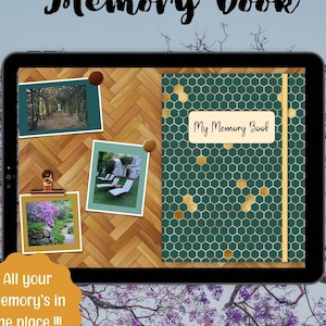 Op de afbeelding: Een digitale tablet waarop een mockup van een geheugenboek-app wordt weergegeven. De app heeft een groen en gouden honingraatpatroon met de tekst "My Memory Book". De tablet is omringd door afbeeldingen van een tuinpad, een terras met stoelen en een bloementuin.