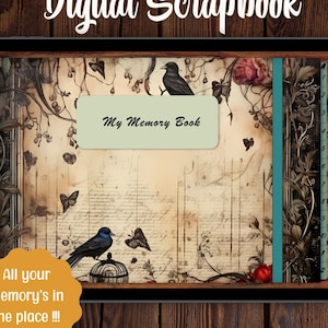 Puede incluir: Una interfaz de aplicación de álbum de recortes digital con un fondo vintage que presenta una jaula para pájaros, pájaros y elementos florales. El texto "My Memory Book" se muestra en la pantalla. La aplicación permite a los usuarios crear y organizar sus recuerdos en un solo lugar.