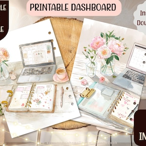 May include: Watercolor illustration of a printable dashboard bundle. The image features a laptop, open notebooks, a cup of coffee, and vases of flowers. Text includes "Printable Dashboard", "Multiple Sizes Bundle", and "Instant Download!"
