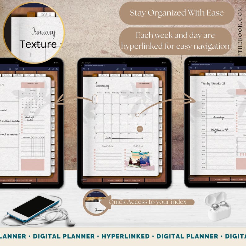 May include: Digital planner displayed on three tablets. The planner pages show a calendar, to-do lists, and daily schedules. The text "January" is visible, along with the words "Texture" and "Goals". The planner is designed for easy navigation.
