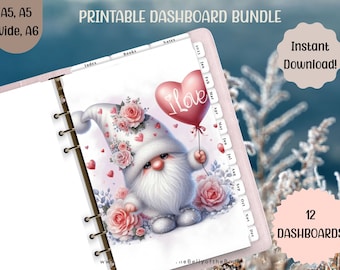 Valentine Gnome Printable Dashboards, A5, A5 Wide & A6 Planner Sizes Add Fun and Functionality to Your Planner, Includes 12 Adorable Designs