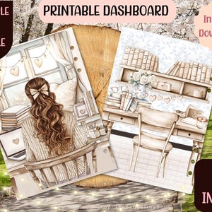 Op de afbeelding: Printbare dashboard met twee afbeeldingen. De eerste afbeelding toont een vrouw die aan een bureau zit met een laptop, boeken en een raam met lichtslingers en harten. De tweede afbeelding toont een bureau met boeken, een stoel en een kop koffie. Beide afbeeldingen hebben een lichtbruin en wit kleurenschema.