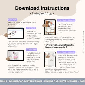 May include: A digital download instructions graphic for the Noteshelf app. The image shows step-by-step instructions for downloading a digital planner, including opening a PDF, downloading the file, and importing it into the Noteshelf app. The text includes "Download Instructions" and "Noteshelf App."