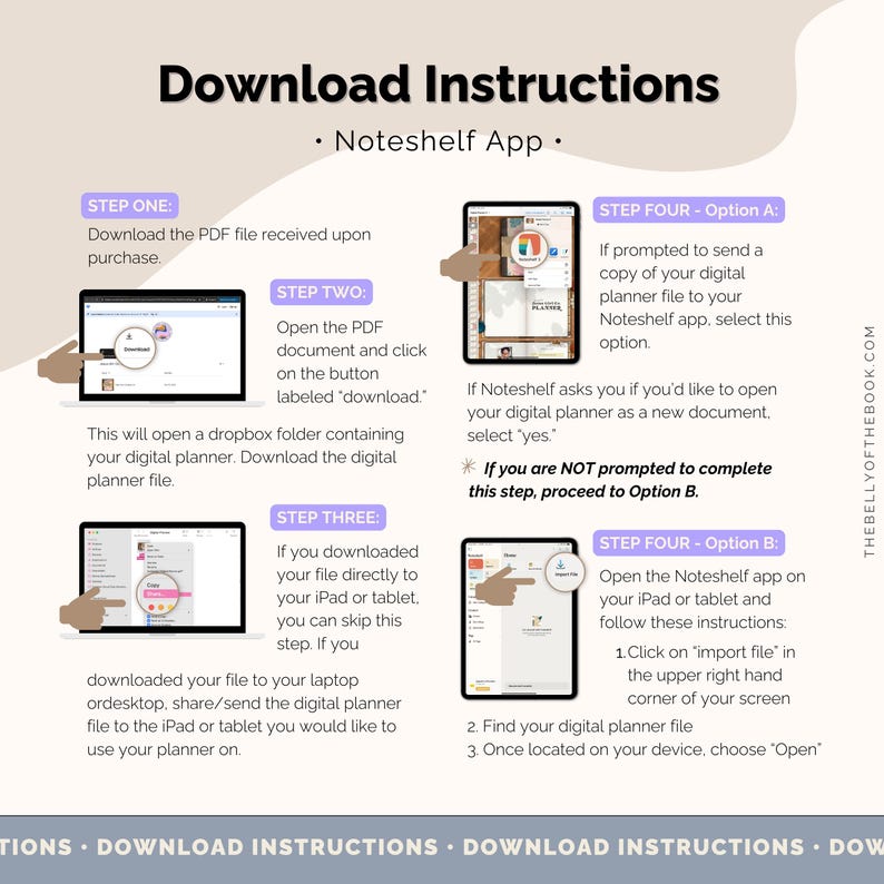 May include: A digital download instructions graphic for the Noteshelf app. The image shows step-by-step instructions for downloading a digital planner, including opening a PDF, downloading the file, and importing it into the Noteshelf app. The text includes "Download Instructions" and "Noteshelf App."
