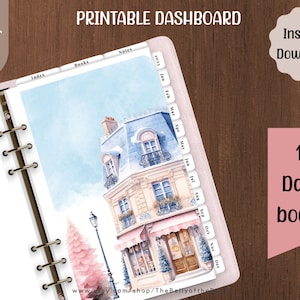 May include: Printable dashboard for a planner with 15 different designs. The dashboard features a watercolour illustration of a Parisian building with a pink awning and a snowy roof. The text "Instant Download!" is also included.