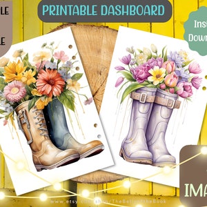 May include: Two printable dashboard designs featuring floral arrangements in rain boots. One design has a bouquet of pink, yellow, and purple flowers in purple rain boots. The other design has a bouquet of yellow, orange, and pink flowers in brown and blue rain boots. The text "Printable Dashboard" and "Instant Download!" is visible in the image.