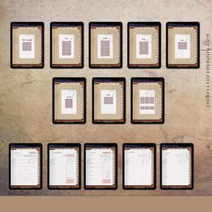 May include: A collection of digital planner templates displayed on black tablets. The templates feature various layouts, including daily, weekly, and monthly views, with a neutral color palette. The text "THEBELLYOFTHEBOOK.COM" is visible on the right side.