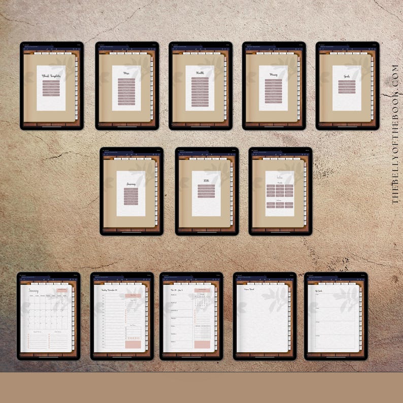 May include: A collection of digital planner templates displayed on black tablets. The templates feature various layouts, including daily, weekly, and monthly views, with a neutral color palette. The text "THEBELLYOFTHEBOOK.COM" is visible on the right side.