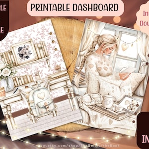 Op de afbeelding: Twee printbare dashboardontwerpen. Het eerste ontwerp toont een bureau met boeken, een rugzak en een vaas met witte rozen. Het tweede ontwerp toont een vrouw die bij een raam zit en een boek leest. Beide ontwerpen hebben een lichtbruin en wit kleurenschema.