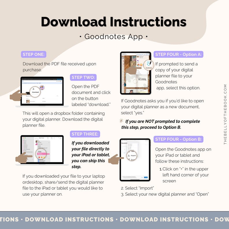 May include: Download instructions for the Goodnotes app. The image shows a step-by-step guide for downloading a digital planner. The guide includes screenshots of a laptop and tablet, with text instructions in a clean, modern design.