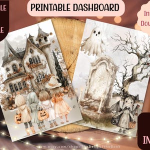 Puede incluir: Panel imprimible con temática de Halloween. El diseño incluye una casa embrujada, niños con calabazas, un fantasma y una lápida. El texto dice "Printable Dashboard", "Multiple Sizes Bundle" y "Instant Download!"