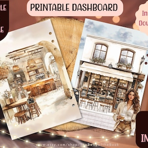 May include: Printable dashboard bundle featuring watercolor illustrations of a cafe interior and exterior. The images have a warm, inviting aesthetic with neutral tones. Text includes "Printable Dashboard", "Multiple Sizes Bundle", and "Instant Download!"