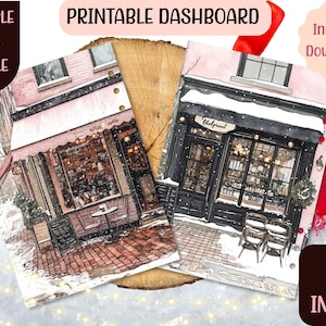 May include: Printable dashboard featuring two watercolor illustrations of storefronts in a snowy setting. The storefronts are decorated with Christmas lights and have signs that read "Bakery" and "Bloomingdales".
