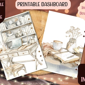May include: Watercolor printable dashboard bundle with two images. One shows a desk with a laptop, books, and a chair. The other shows a coffee cup, open book, and a jar of flowers. Text includes "Printable Dashboard" and "Instant Download!"