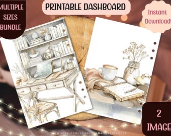 Ensemble de tableau de bord aquarelle : bureau et scènes de salon confortables (téléchargement numérique)