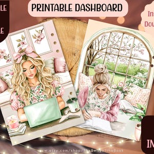 Puede incluir: Panel de control imprimible con dos imágenes de mujeres en un esquema de color rosa y verde. Una imagen muestra a una mujer trabajando en una computadora portátil en una habitación con paredes rosas y detalles florales. La otra imagen muestra a una mujer escribiendo en un diario en una habitación con una ventana que da a un jardín. El texto "Panel de control imprimible" y "6 imágenes" es visible en la imagen.