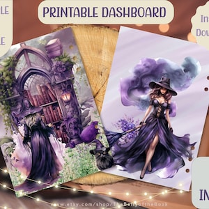 Può includere: Dashboard stampabile con due illustrazioni fantasy. Una raffigura una strega con un gatto nero e una biblioteca gotica. L'altra mostra una strega con una scopa. Il testo include "Printable Dashboard", "Multiple Sizes Bundle" e "Instant Download!"