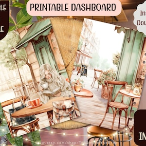 Puede incluir: Panel imprimible con una ilustración en acuarela de una escena de café parisino. La imagen presenta a una mujer leyendo en una mesa, con el texto "Printable Dashboard", "Multiple Sizes Bundle" y "Instant Download!"