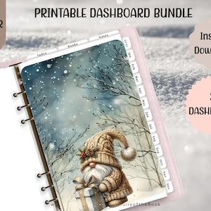 May include: A printable dashboard bundle for a planner featuring a winter scene with a gnome holding a gift box. The dashboard has tabs for each month of the year. The text "Instant Download!" and "20 Dashboards" are visible in the image.