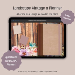 May include: A digital planner with a brown cover and a floral design. The planner is open to a page with the text "COMPRESSED Landscape-Normal sized compressed (1)". The planner is on a wooden background with a pink and white note.