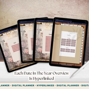 May include: Four digital planners on tablets, each displaying a different page. The pages feature floral backgrounds and text in a soft color palette. The text "2025" and "Index" are visible. The phrase "Each Date In The Year Overview Is Hyperlinked" is also displayed.
