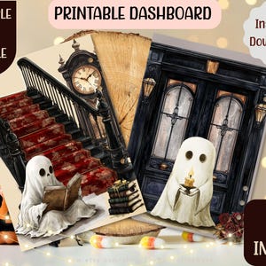 May include: A digital art print bundle featuring a Halloween theme. The images include a staircase, a clock, a door, and a ghost. The text includes "Printable Dashboard", "Multiple Sizes Bundle", "Instant Download", and "4 Image".