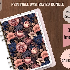 Puede incluir: Un paquete de tableros imprimibles para una agenda o un diario. El tablero presenta un patrón floral con flores rosas, azules y marrones sobre un fondo oscuro. El paquete incluye 30 tableros y 300 imágenes.