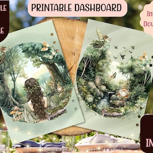 Op de afbeelding: Printbaar dashboard met twee ronde aquarel illustraties van een bosscène met feeën, vlinders en een kabouter. De tekst bevat "Printable Dashboard" en "Multiple Sizes Bundle". Digitale download.