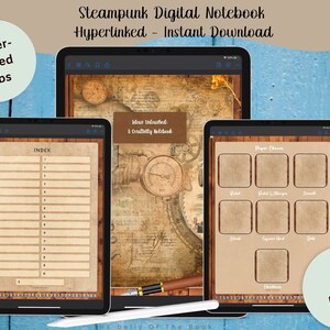 May include: A digital notebook with a steampunk theme. The cover features a vintage map with gears and a compass. The notebook has 39 pages and includes an index, paper choices, and a section for ideas. The notebook is hyperlinked and can be downloaded instantly.
