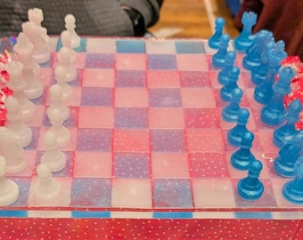 Handcrafted Resin Chess Set • Pink & Blue Glitter Chessboard