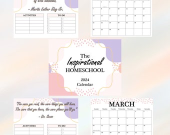 2024 Inspirational Homeschool Calendar, 12 Month Printable Calendar for Busy Homeschool Families, Section to Plan Activities, To-Do List