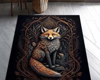 Puede incluir: Alfombra rectangular con una ilustración detallada de un zorro. El zorro tiene pelaje naranja, marrón y blanco, sobre un fondo oscuro con elementos botánicos dorados y marrones. El diseño de la alfombra tiene una estética vintage y artística.
