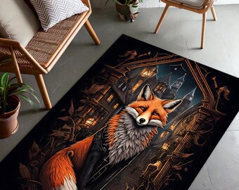 Puede incluir: Una alfombra rectangular con una ilustración detallada de un zorro con pelaje naranja y blanco, sobre un fondo de un edificio de estilo gótico con iluminación cálida. La alfombra tiene un fondo oscuro con hojas de otoño.