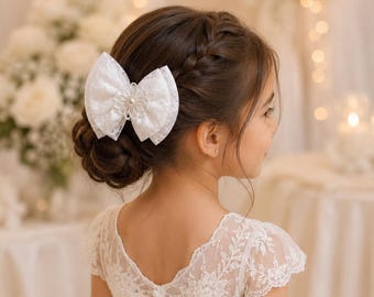 White Lace Hair Bow with Pearl Detail – Bridal, Wedding, Special Occasion Accessory