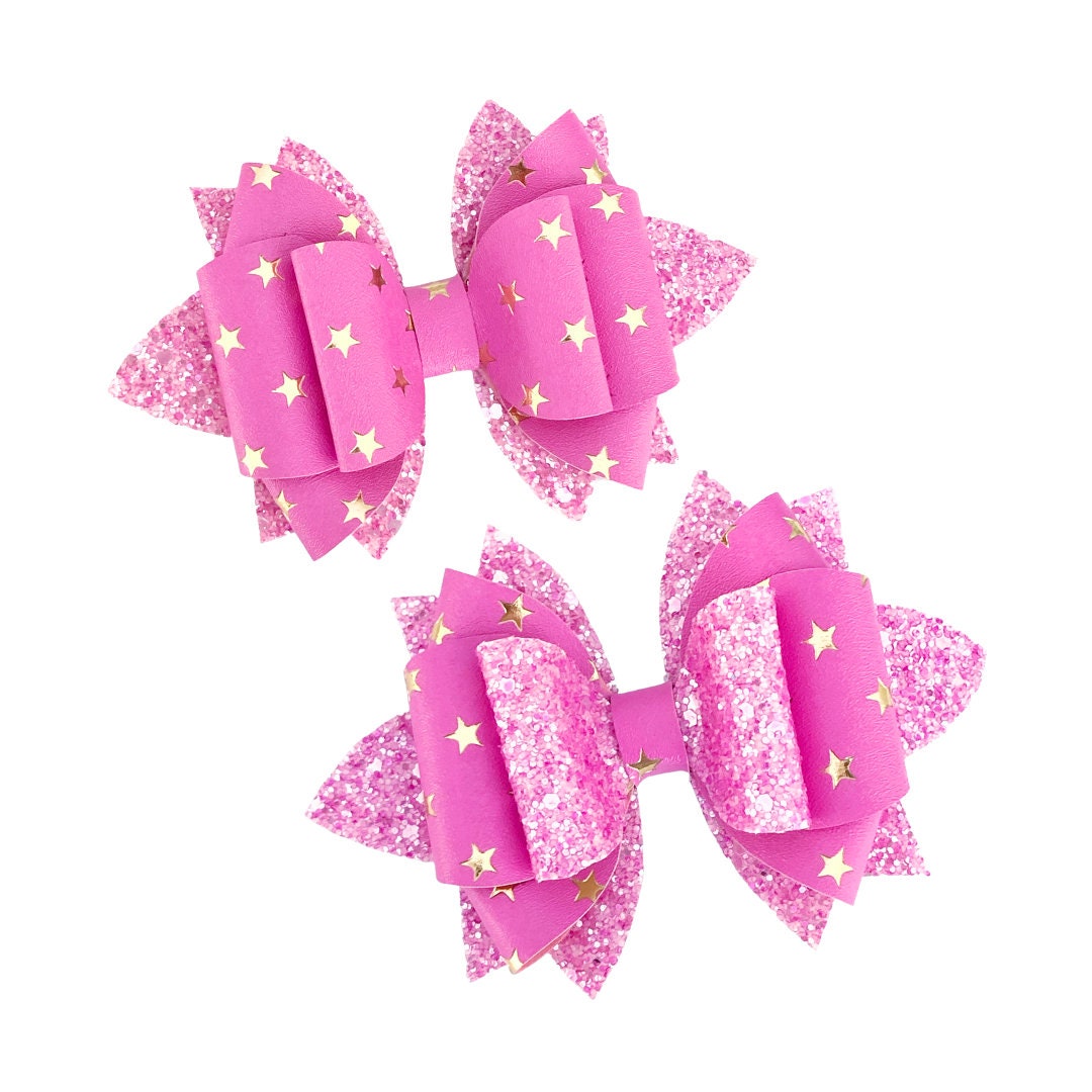 Pink Glitter Bow With Gold Star Hair Bow, Pink Hair Bow, Pink Birthday