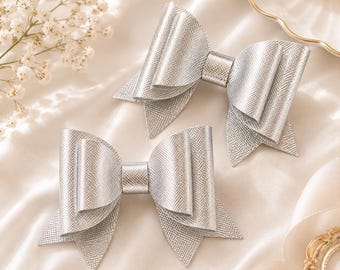 Silver Hair Bow | Silver Metallic Pigtail Bows | Special Occasion Accessory for Girls