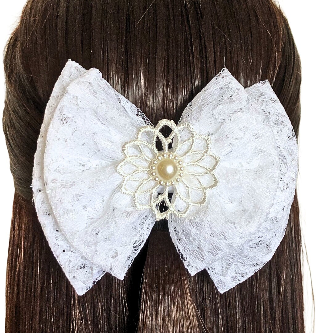 White Pearl Floral Ribbon Hair Bow Clip | Romantic Bridal Coquette White Chantilly Lace Bow Hair Clip Details: • Embroidered  main image 3