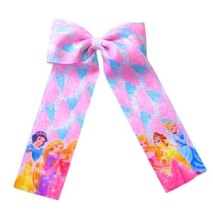 Pink Disney Princess Hair Bow, Large Pink Bow with Long Tails, Princess Birthday Hair Bow, Princess Hair Accessory, Princess Hair Clip