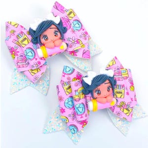 School Hair Bow Set: Pink & White Clay Charm Hair Clips
