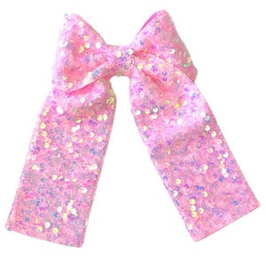 Bright Pink Cheer Bow with Iridescent Sequins – Large Sequin Pink Bow Clip – Hair Accessory for Girls and Teams – Oversized Sequin Cheer Bow