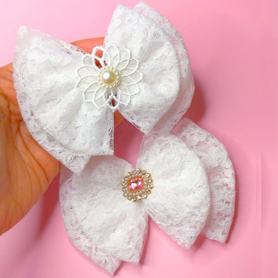White Coquette Lace Hair Bow: Embroidered Floral Clip With  display picture 2
