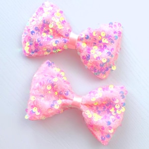 Bright Pink Bow with Iridescent Sequins – Set of Two Pink Sequin Bow – Hair Accessory for Girls and Teams – Set of Two Sequin Hair Bow Clips