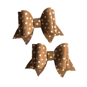 Brown Hair Bow with Gold Star, Set of two Hair bows for Girls, Pigtail Hair Bows, Brown Pigtail Bows, Brown Hair Bow Set of Two