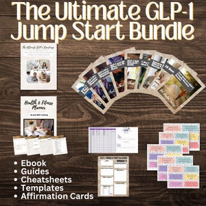 以下が含まれることがあります： GLP-1 薬物使用者向けのデジタル製品バンドル。バンドルには、電子書籍、ガイド、カンニングペーパー、テンプレート、アファメーションカードが含まれています。画像には、健康とフィットネスのプランナー、薬物トラッカー、一般的な副作用のガイドなど、さまざまなデジタル製品が木製の背景に表示されています。