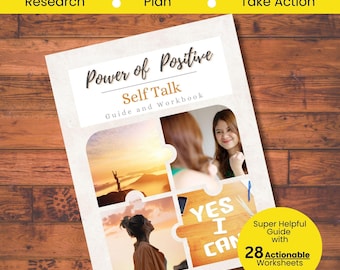 Puede incluir: Un libro de trabajo blanco y amarillo titulado "Power of Positive Self Talk: Guide and Workbook" con un collage de imágenes de personas y paisajes. El texto "Super Helpful Guide with 28 Actionable Worksheets" está en un círculo amarillo.